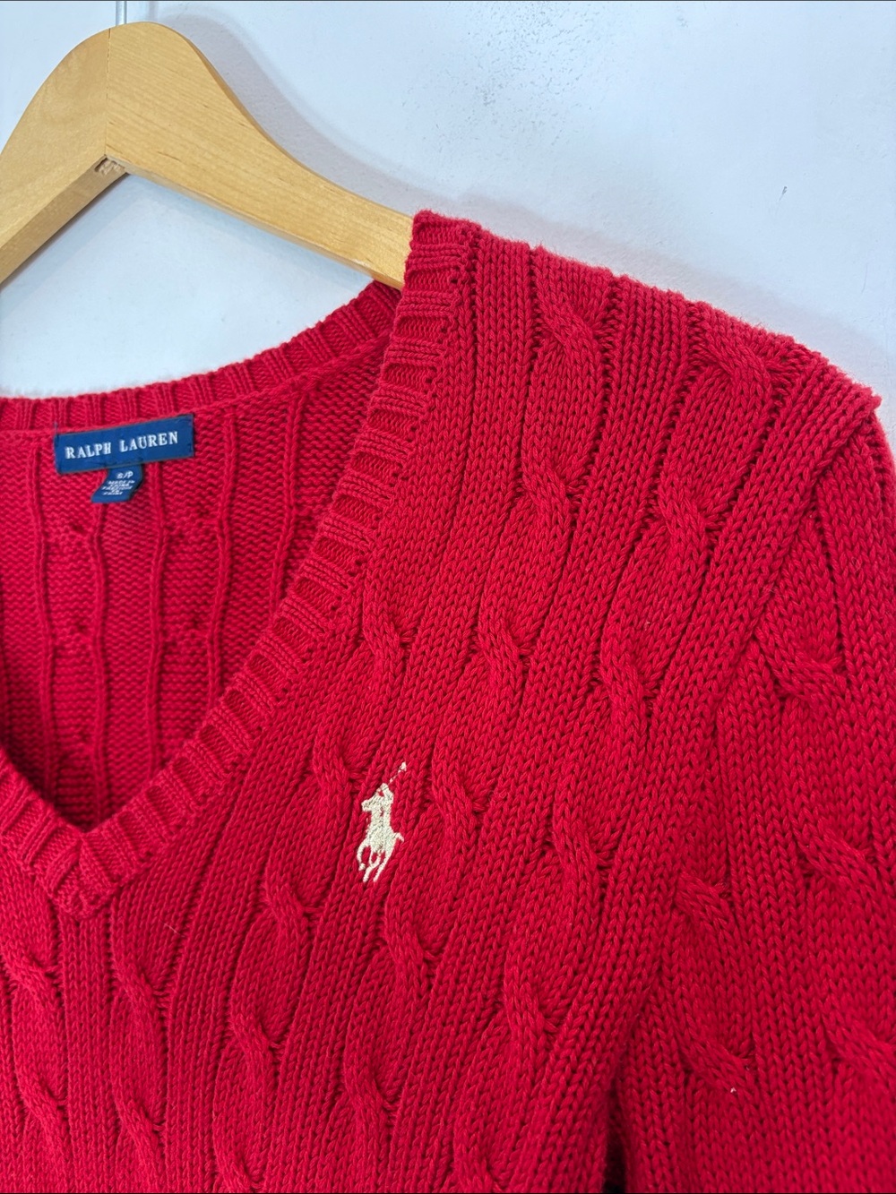 Ralph Lauren Cable Knit V-Neck Sweater Red Cotton Pony Logo Small - Picture 8 of 10